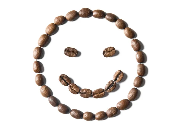Sorriso Rosto Emoticon Forma Feita Grãos Café Torrados Isolados Fundo — Fotografia de Stock