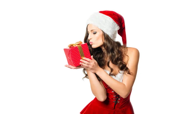 Jonge Vrouw Kerstmankostuum Met Geschenkdoos Mooi Meisje Geïsoleerd Witte Achtergrond — Stockfoto