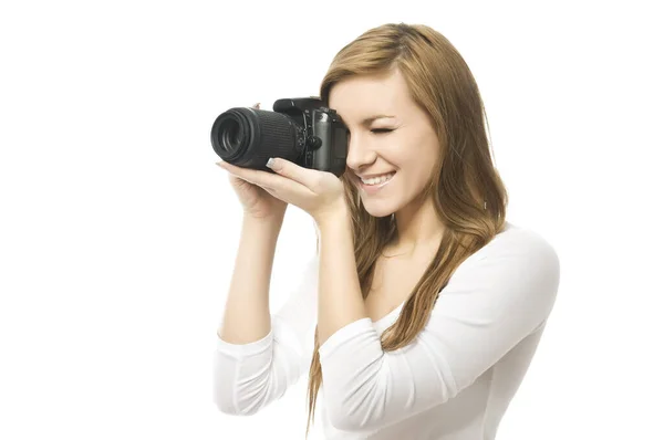 Fotografia Divertente Giovane Bella Fotografa Donna Scattare Foto Con Fotocamera — Foto Stock