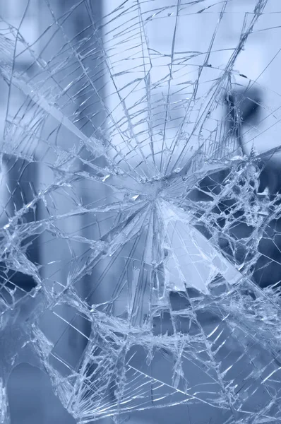 Accident Close Broken Window Detail Rifts Cracked Glass Blue Background — Stock Photo, Image