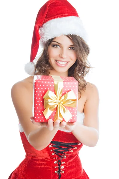 Mujer Joven Traje Santa Sosteniendo Caja Regalo Hermosa Chica Aislada — Foto de Stock