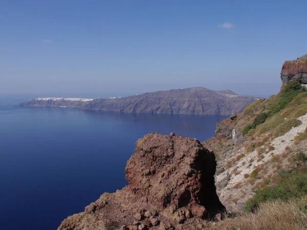 Panoramisch Uitzicht Bergen Zee Natuur Vanuit Fira Stad Santorini Eiland — Stockfoto