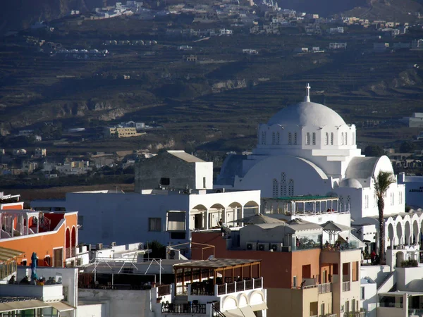 Yunanistan Santorini Adası Fira Nın Tarihi Kısmının Manzarası Dağların Denizin — Stok fotoğraf