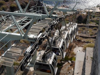 Füniküler, Yunanistan 'ın Fira Santorini adasındaki şehir merkezinden eski limana yolcu taşıyor..