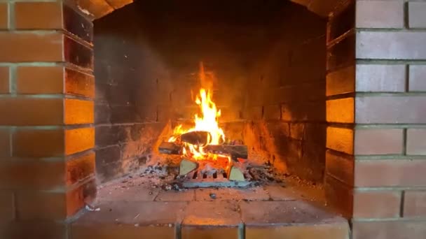 Fuego Ardiendo Una Chimenea Ladrillo — Vídeo de stock