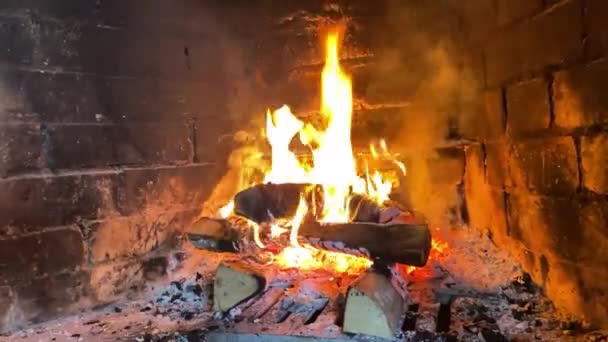 Φωτιά Καίει Ένα Τζάκι Από Τούβλα — Αρχείο Βίντεο