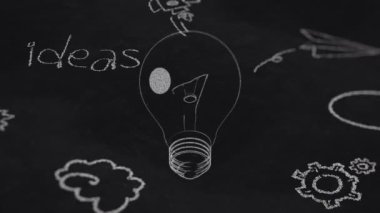 Fikir sembolü olarak çizim lambası ampulünün animasyonu olan soyut bir arkaplan. Kusursuz döngünün animasyonu