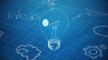 Fikir sembolü olarak çizim lambası ampulünün animasyonu olan soyut bir arkaplan. Kusursuz döngünün animasyonu