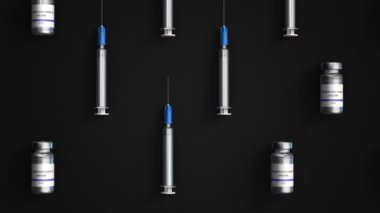 Şırınga ve aşı şişelerinin karanlık ve açık arkaplandaki 3 boyutlu animasyonu. COVID 19 'dan acil yardım. Döngülü canlandırma