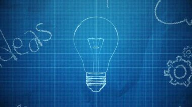 Fikir sembolü olarak çizim lambası ampulünün animasyonu olan soyut bir arkaplan. Kusursuz döngünün animasyonu