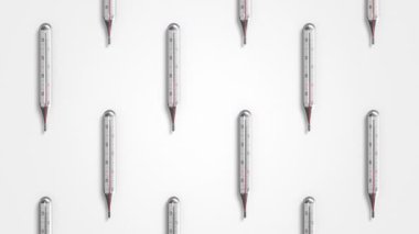 Tıbbi termometreler açık ya da koyu arkaplanda. Sıcaklık yükseliyor. Merkür termometresi. Canlandırma döngüsü