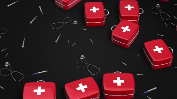 Animation Slow Motion Red Medical Suitcases Stethoscopes Syringes Dark Light — Stock Video