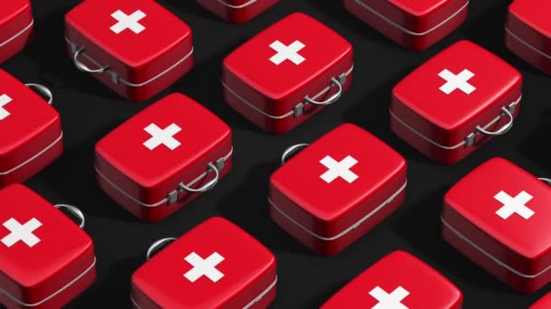 Animation Slow Motion Red White Medical Suitcases Dark Light Background — Stock Video