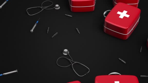 Animation Slow Motion Red Medical Suitcases Stethoscopes Syringes Dark Light — Stock Video