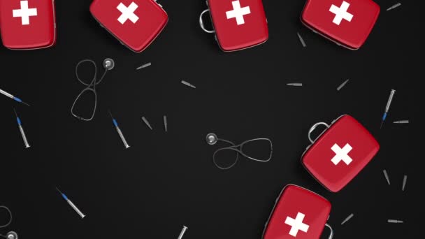 Kırmızı Tıbbi Çantaların Steteskopların Şırıngaların Koyu Açık Arkaplandaki Boyutlu Animasyonları — Stok video