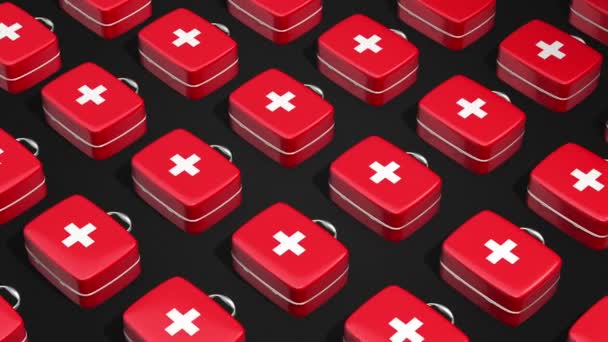 3D动画的慢动作红色和白色的医疗箱在黑暗和光明的背景 Covid19提供的紧急援助 循环动画 — 图库视频影像
