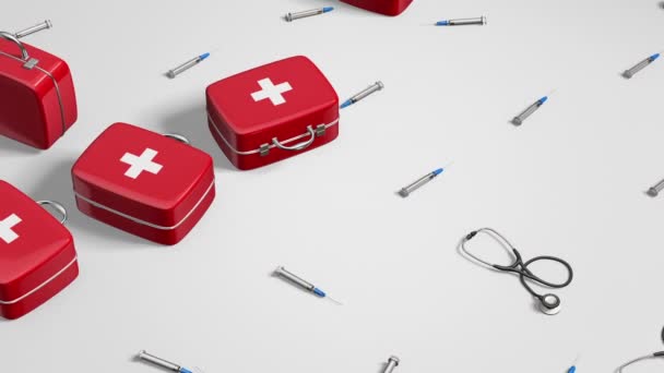 Animation Slow Motion Red Medical Suitcases Stethoscopes Syringes Dark Light — Stock Video