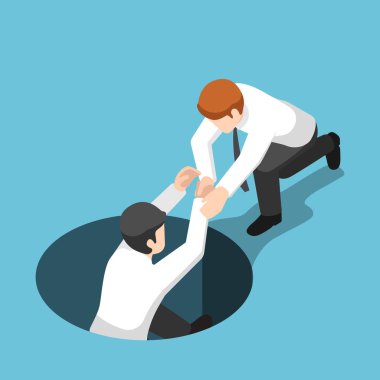 Düz 3d izometrik işadamı yardım arkadaşı delikten yukarı tırmanmak. Ekip çalışması kavramı