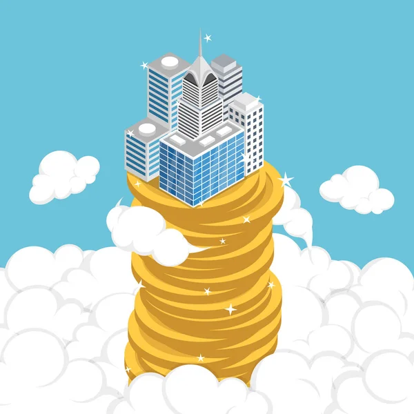 Flat Isometric Business Building Stack Coin Cloud Business Success Economic — Stock Vector