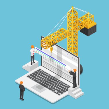 Arama motoru Web sitesi sıralaması artırmak için çalışırken 3d izometrik işadamı düz. SEO arama motoru optimizasyonu ve web trafik iyileştirme kavramı.