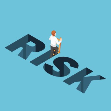3d izometrik işadamı risk delikten yukarı tırmanma düz. İş riski ve çözüm kavramı.