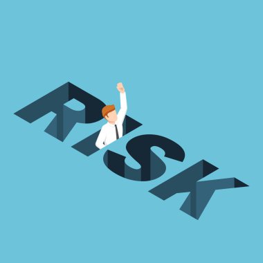 Risk çukura düşen 3d izometrik işadamı düz. İş risk kavramı.