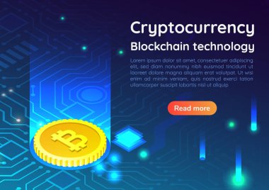 devre kartı üzerinde 3D izometrik web afiş bitcoin. Dijital para incelemesi. Cryptocurrency ve blockchain yatırım açılış sayfası kavramı.