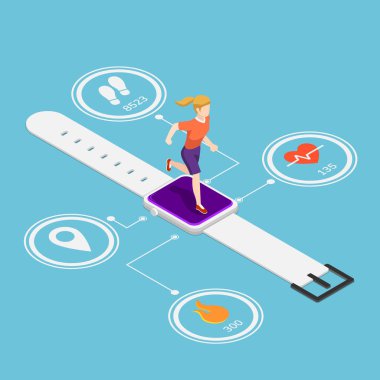 Smartwatch kalp hızı monitör, sayım kalori, Kont adımları ve Gps technolog işlevi ile çalışan 3d izometrik kadın düz. Taşınabilir aygıt teknoloji ve fitness izci kavramı.