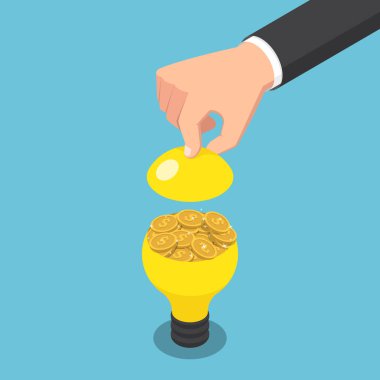 3D izometrik işadamı el açık ampul içinde altın madeni para ile düz. Fikri para kavramdır.