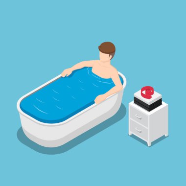 Düz 3D izometrik işadamı banyo ve küvet rahatlatıcı. Kavramı relax.