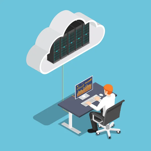 Flat Isometric Businessman Working Desktop Uploading Cloud Storage Cloud Computing — Stock Vector