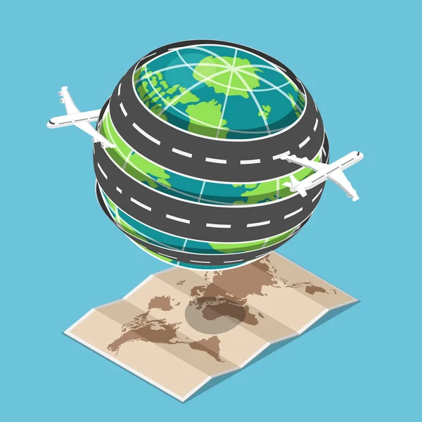 Flat Isometric Plane Transportation Road Circled World Floating Map Global — Stock Vector