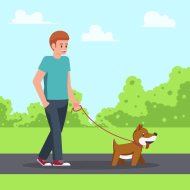 Bahçedeki köpeğiyle yürüyen adam. kentsel yaşam ve kavram rahatla.