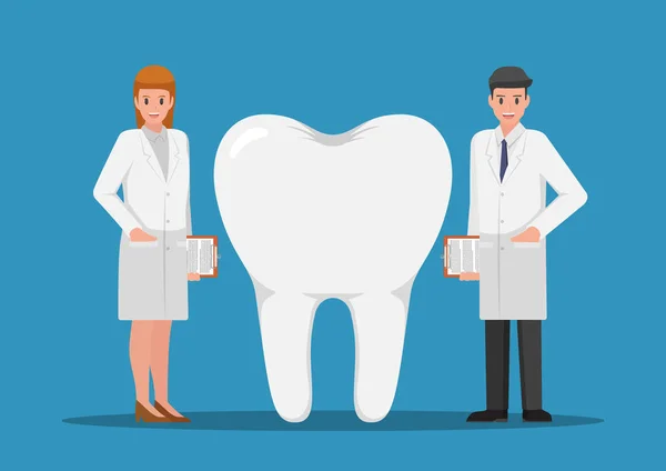 Stojąc Dużych Zębów Dentysta Płci Męskiej Żeńskiej Stomatologia Koncepcji Opieki — Wektor stockowy