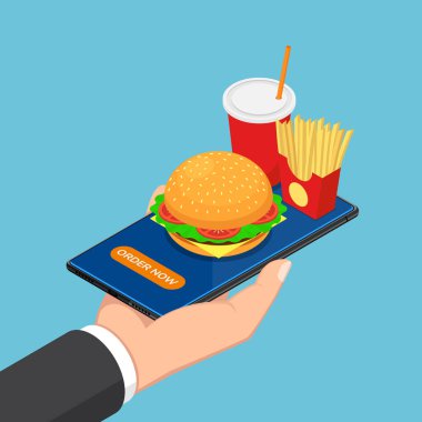 3d izometrik işadamı el Smartphone fast food, hamburger, patates kızartması ve bir içki ile tutarak düz. Online yemek teslim kavramı.
