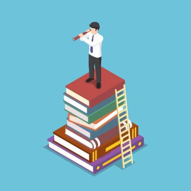 Kitap yığını üzerine teleskopu üzerinden seyir 3d izometrik işadamı düz. İş görme ve eğitim kavramı.