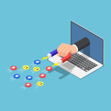 Düz 3d izometrik el laptop monitör bir mıknatıs çıktı holding ve sosyal medya simgeler çekiyor. Dijital pazarlama ve sosyal medya kavramı.