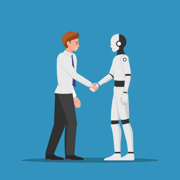 Businessman shaking hand with AI robot. Artificial intelligence concept.