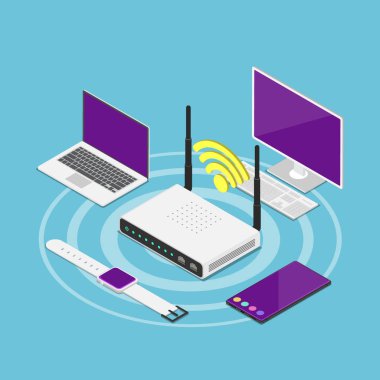 Düz 3d izometrik elektronik cihazlar bir wifi yönlendirici bağlı. Wi-Fi erişimi ve kablosuz teknoloji kavramı.