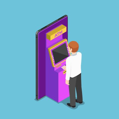 Bir atm makinesi smartphone kullanarak 3d izometrik işadamı düz. Mobil Bankacılık kavramı.