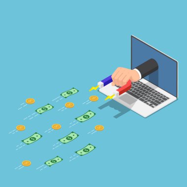 3d izometrik el laptop monitör bir mıknatıs çıktı tutarak ve para çeken düz. Dijital ve online pazarlama kavramı.