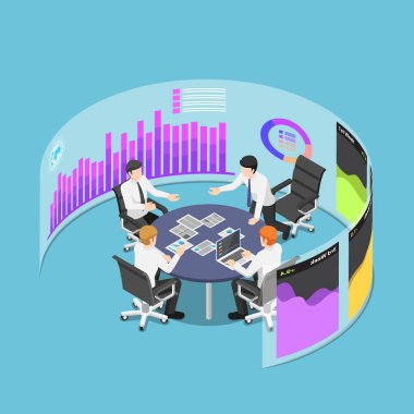 Konferans olay 3D izometrik iş takım pazarlama ve finansal verileri sanal gerçeklik kurulu bulunan düz. Takım çalışması ve iş kavramı içinde beyin fırtınası