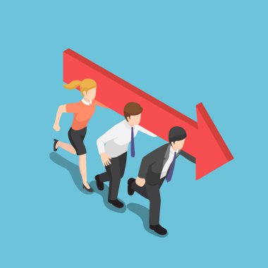 Düz insanlar bir ok taşımak ve ileriye birlikte hareket 3d izometrik iş. İş ekibi ve ekip çalışması kavramı.