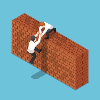 3D izometrik işadamı yardım arkadaşı bir tuğla duvar tırmanışı için düz. Ekip çalışması kavramı.