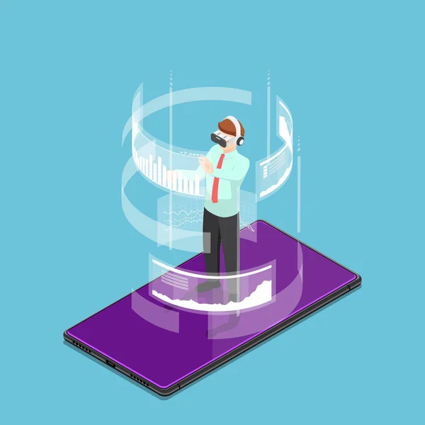 Plochá Izometrické Podnikatel Nošení Soupravu Pro Virtuální Realitu Stojící Smartphone — Stockový vektor