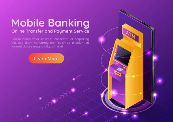 Isométrico Web Banner Máquina Atm Tela Smartphone Banco Móvel Página — Vetor de Stock