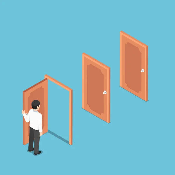 Flat Isometric Businessman Opening Door Facing Other Doors Business Opportunities — Stock Vector