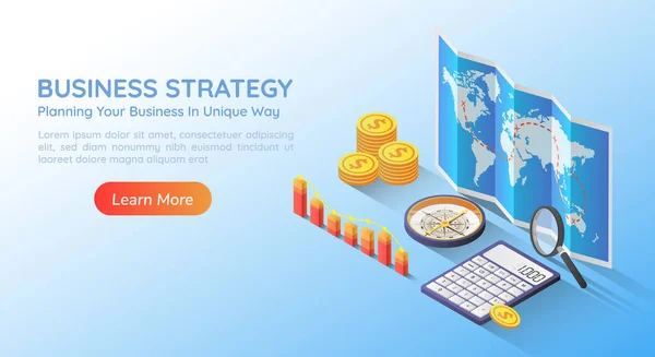 Isometric Web Banner Strategia Pianificazione Aziendale Sulla Mappa Del Mondo — Vettoriale Stock