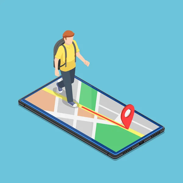 Viaggiatore Isometrico Piatto Utilizza Applicazione Mappa Sullo Smartphone Raggiungere Destinazione — Vettoriale Stock