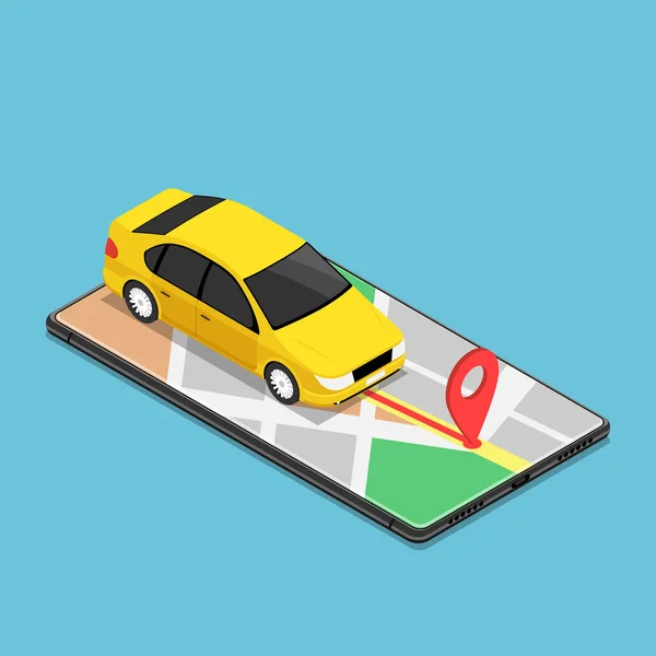 Flat Isometric Car Use Gps Map Navigation Application Smartphone Mobile — Stock Vector